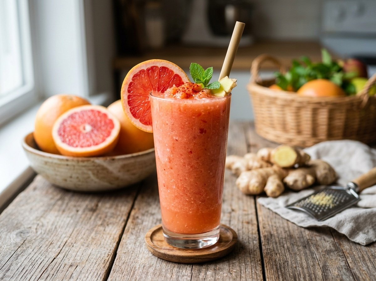 Spicy Grapefruit Ginger Detox Smoothie Recipe A refreshing grapefruit ginger detox smoothie in a glass with grapefruit slice garnish on a wooden table.