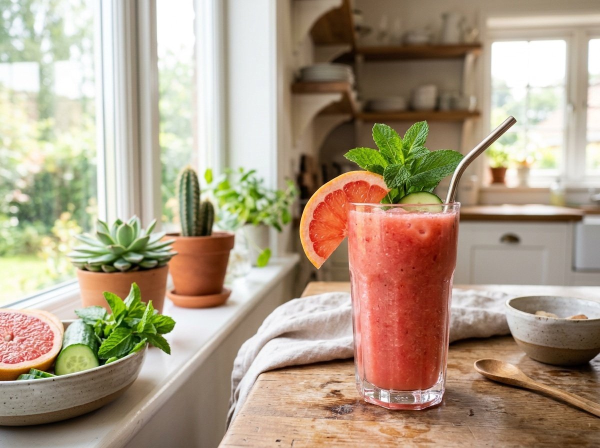 Refreshing grapefruit cucumber detox smoothie in a glass, garnished with grapefruit slice and mint, on a sunlit kitchen counter.