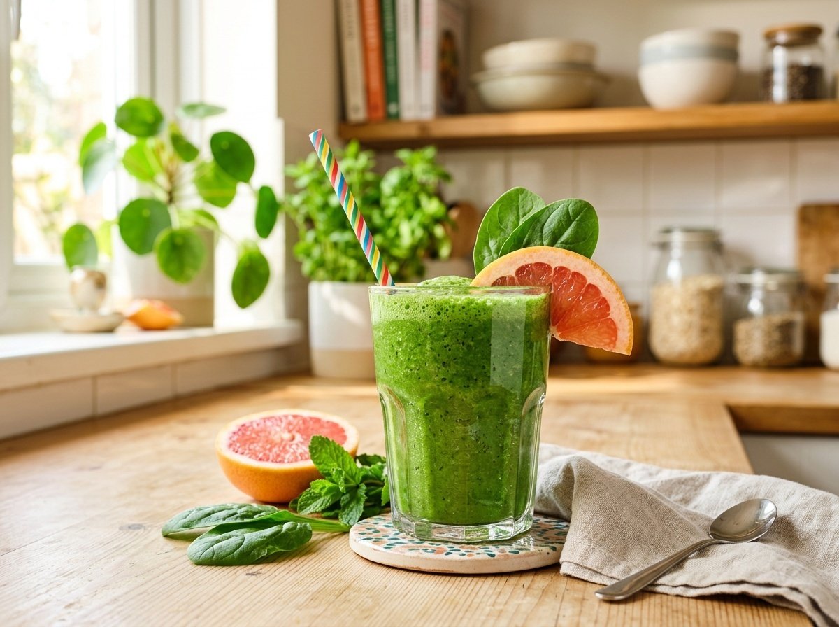 Refreshing Grapefruit Spinach Detox Smoothie Recipe Refreshing grapefruit spinach detox smoothie in a glass, garnished with grapefruit slice and spinach, on a bright kitchen table.