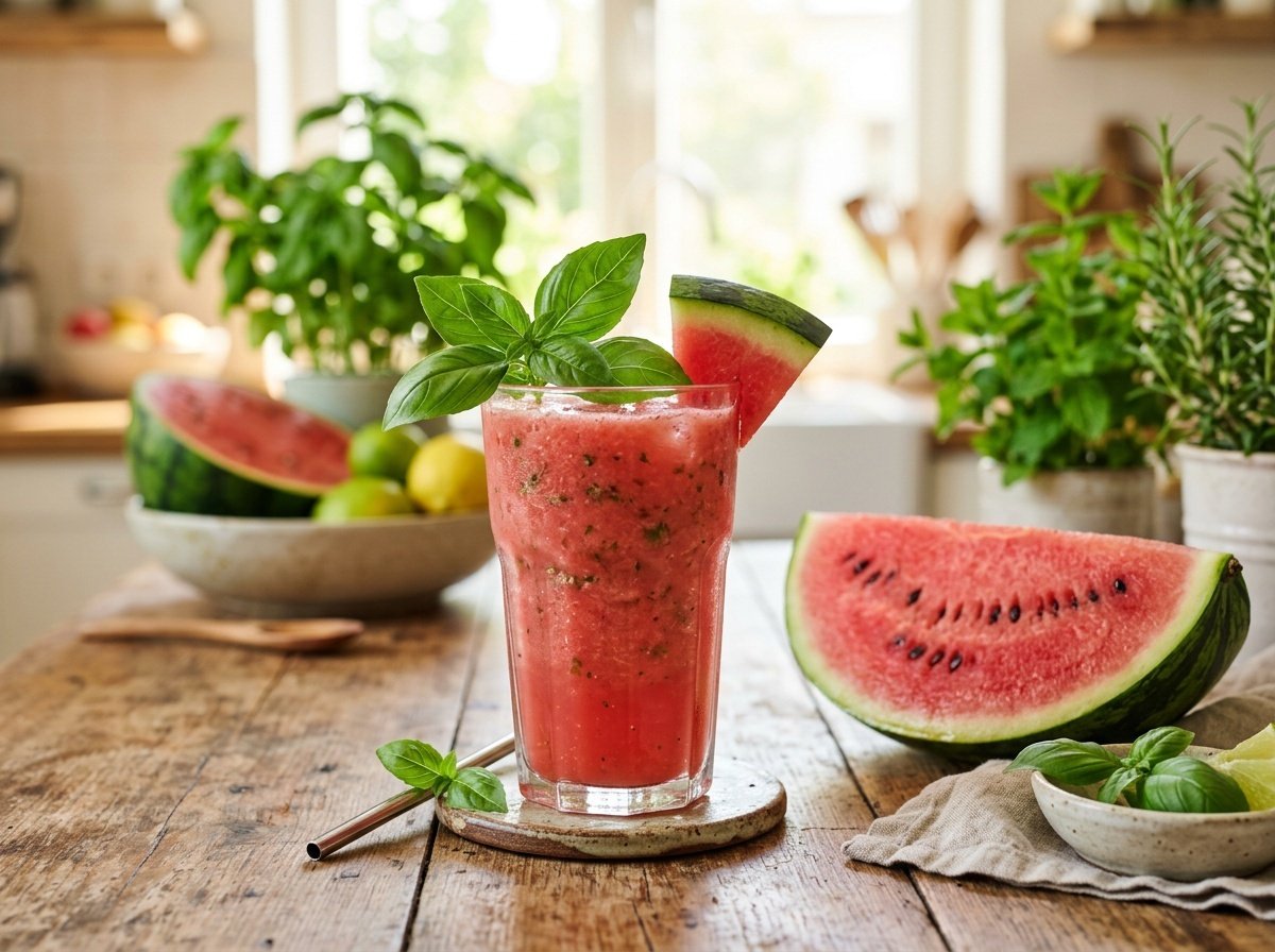 Refreshing watermelon basil detox smoothie in a glass with basil garnish on a wooden table.