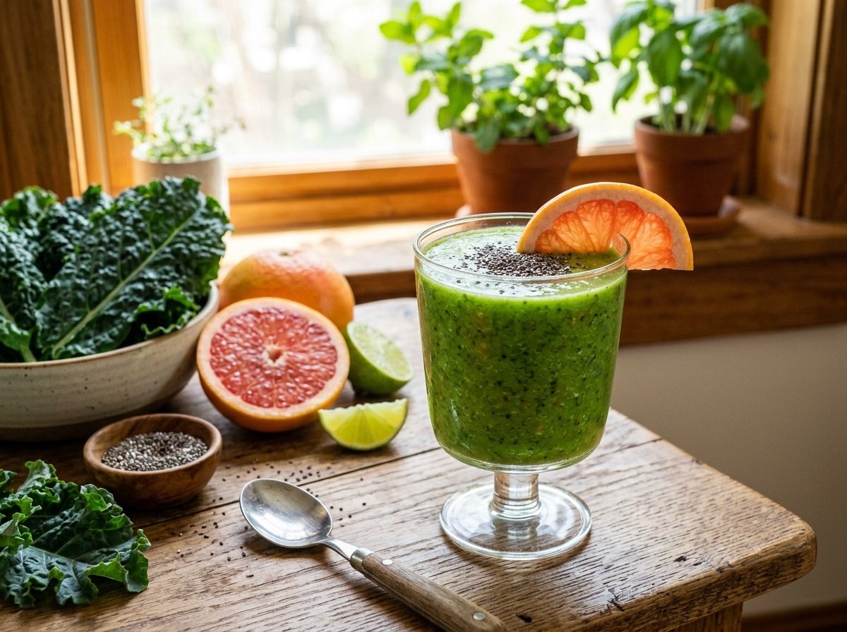 A refreshing green grapefruit kale smoothie garnished with grapefruit slice and chia seeds on a wooden table with fresh ingredients.
