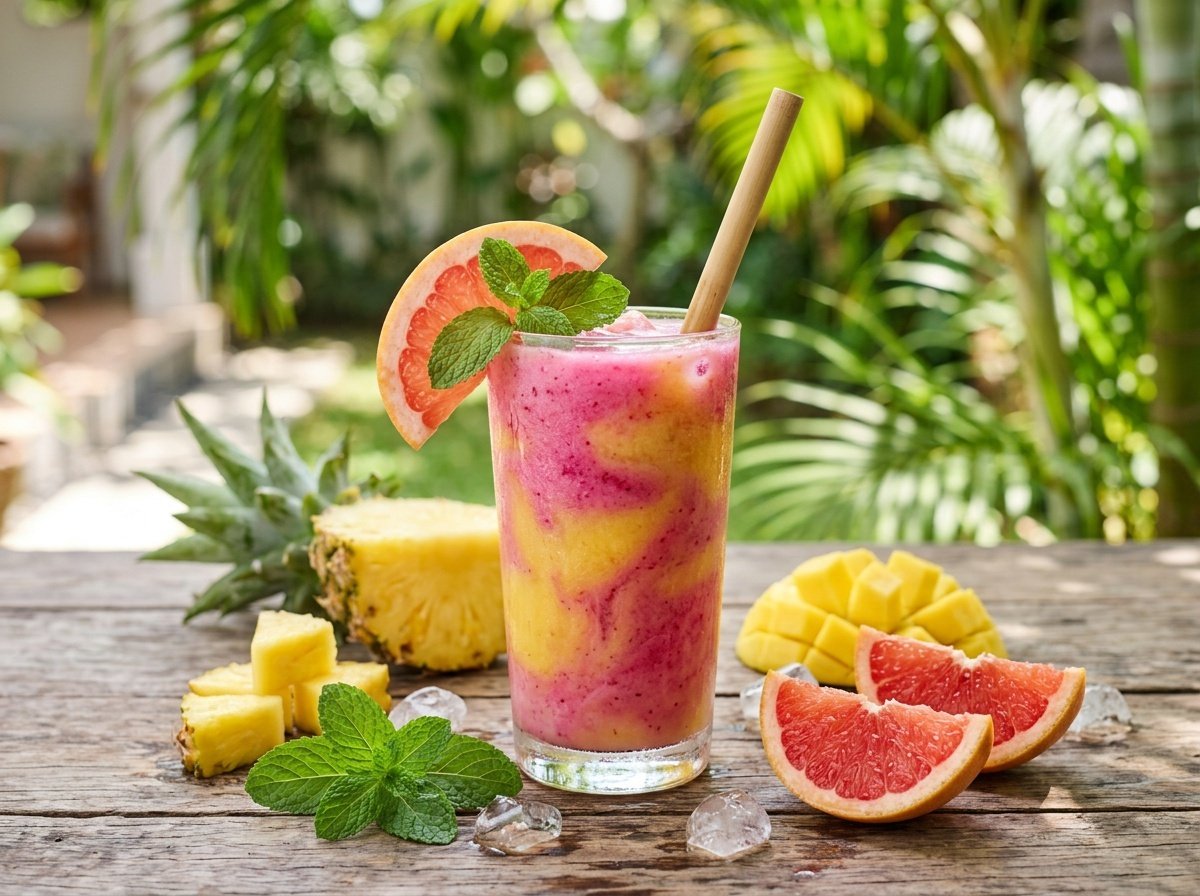 A tropical grapefruit pineapple detox smoothie garnished with grapefruit and mint, served in a glass on a wooden table.