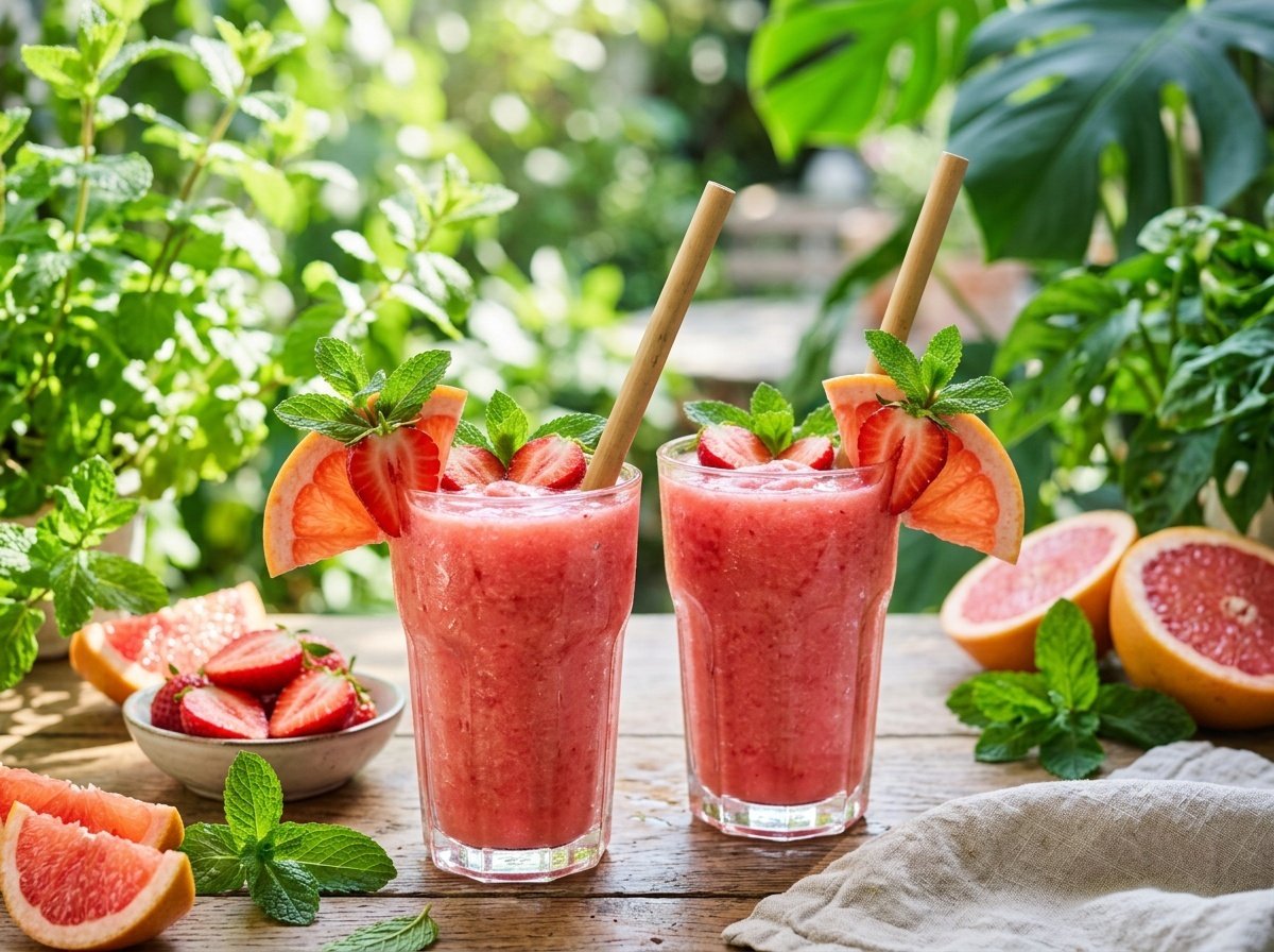 Two glasses of fresh grapefruit strawberry detox smoothie garnished with strawberries and grapefruit wedges, set against a green leafy background.