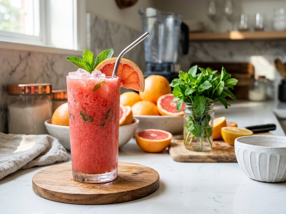 Refreshing Grapefruit Mint Detox Smoothie Recipe Refreshing grapefruit mint detox smoothie in a glass, garnished with mint and grapefruit slice on a kitchen counter.