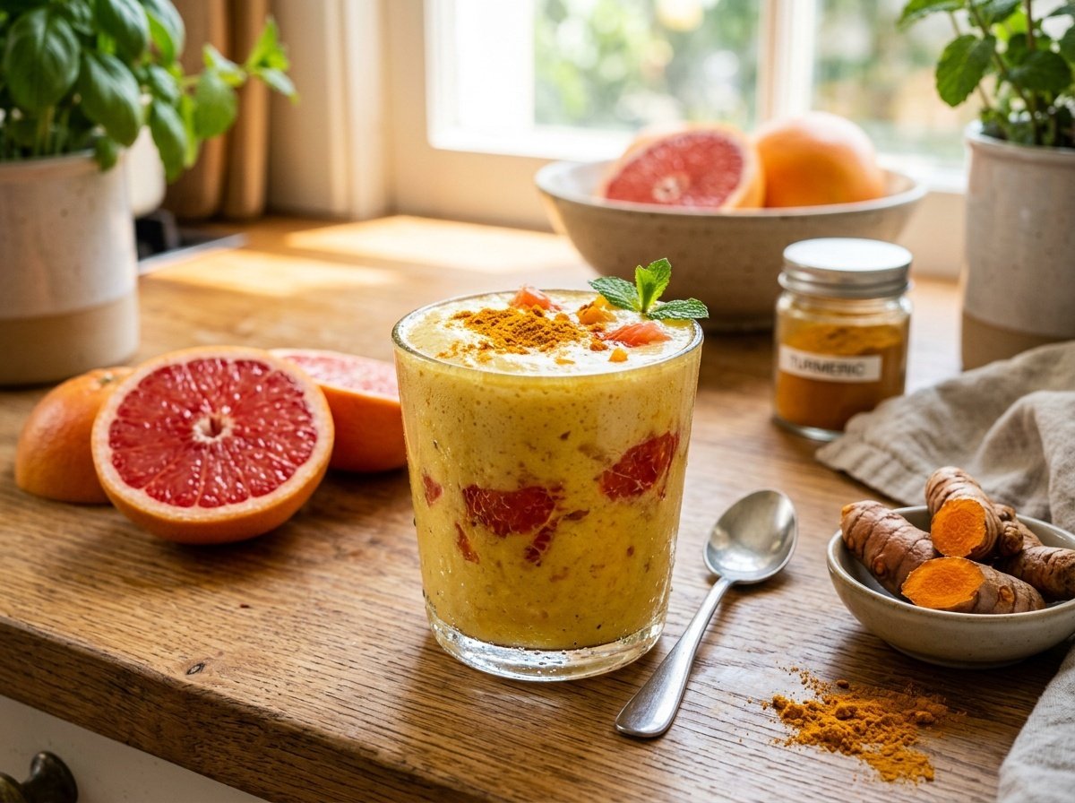 Bright golden grapefruit turmeric smoothie in a glass with fresh ingredients around it.