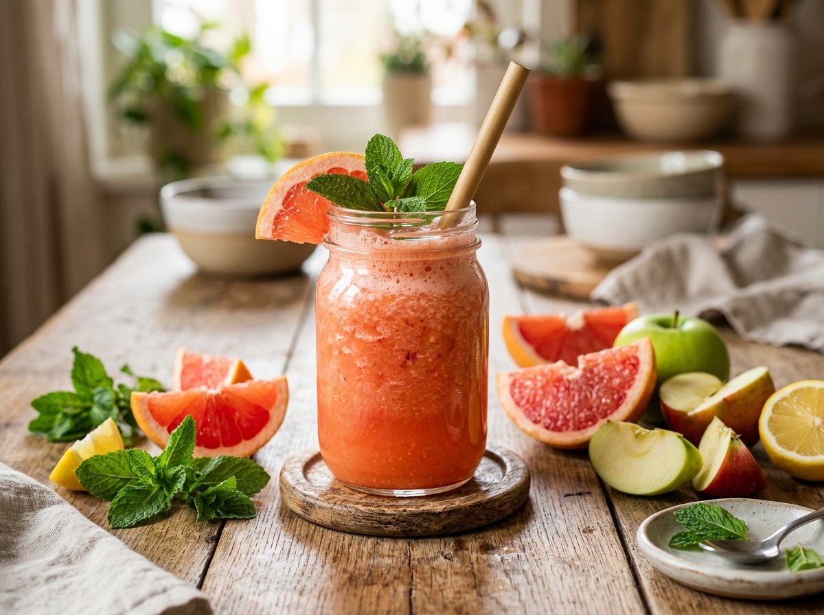 A refreshing grapefruit apple detox smoothie in a glass, garnished with mint, surrounded by citrus and apple slices.