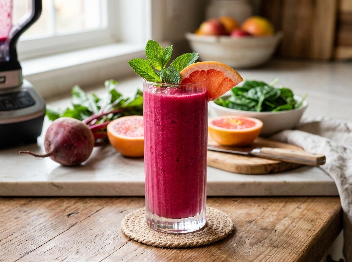 A colorful grapefruit beet detox smoothie garnished with a grapefruit slice and mint; vibrant pink in color.