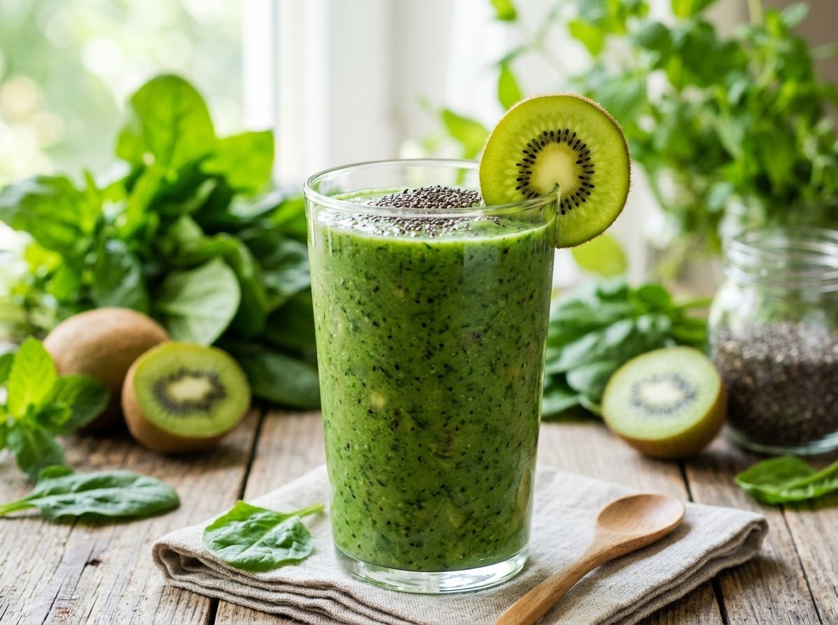 A delicious Kiwi Spinach Detox Smoothie garnished with kiwi and chia seeds in a glass.