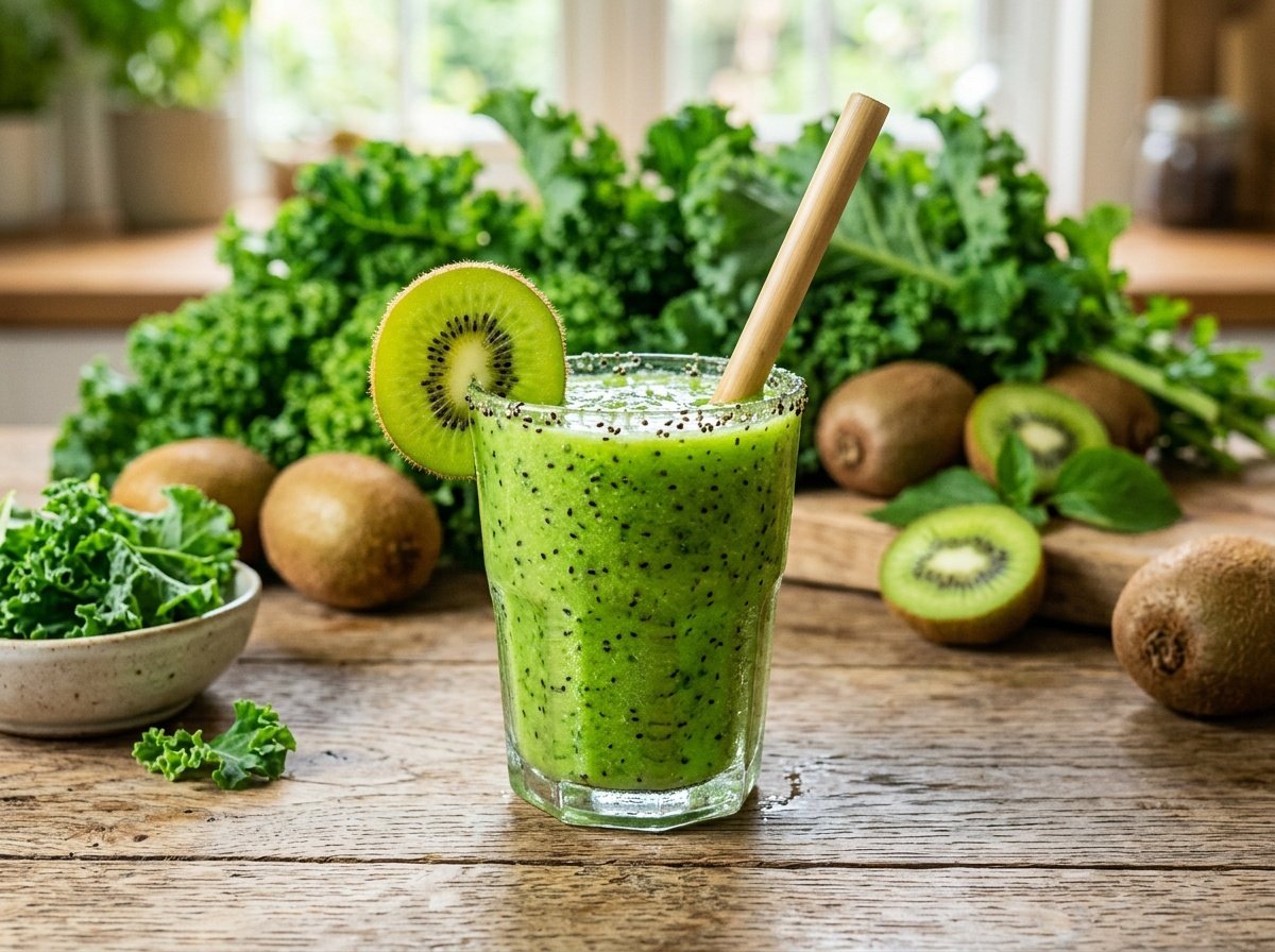 Tropical Kiwi Kale Detox Smoothie Recipe A refreshing green detox smoothie made with kiwi and kale, garnished with a kiwi slice, sitting on a wooden table.