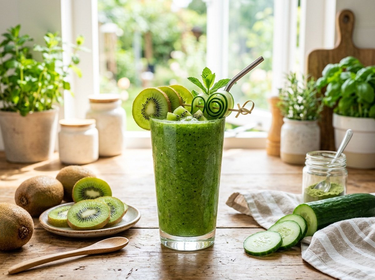 Refreshing Kiwi Cucumber Detox Smoothie Recipe A refreshing green kiwi cucumber smoothie in a glass with kiwi and cucumber slices, placed on a sunny kitchen counter.