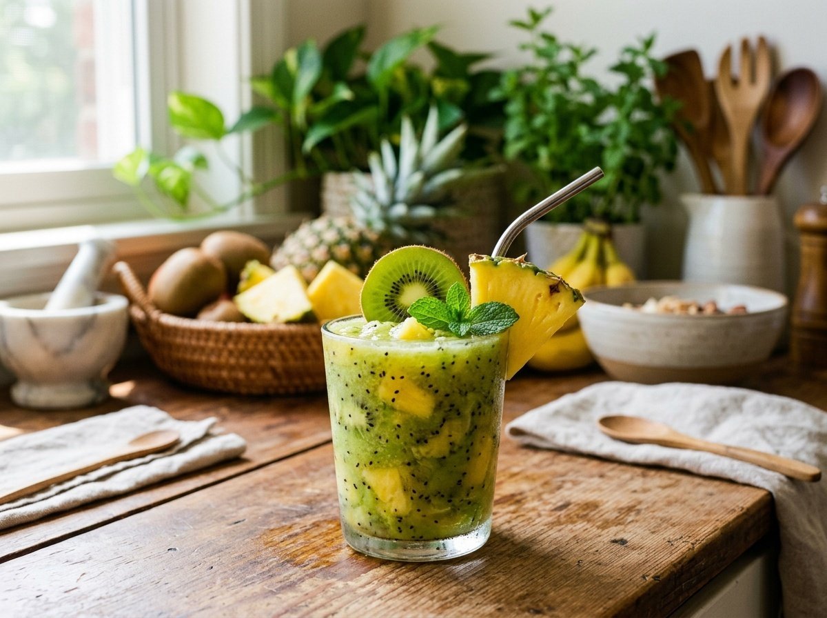 A colorful tropical kiwi pineapple smoothie garnished with fruits, set in a bright kitchen.