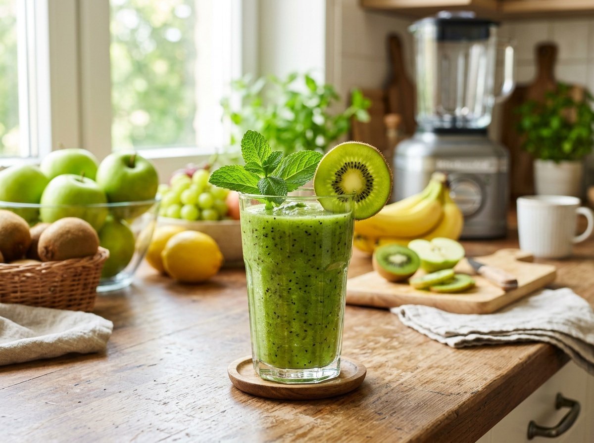 Crisp Kiwi Apple Detox Smoothie Recipe Kiwi apple detox smoothie in a glass, garnished with kiwi slice and mint, on a bright kitchen counter.
