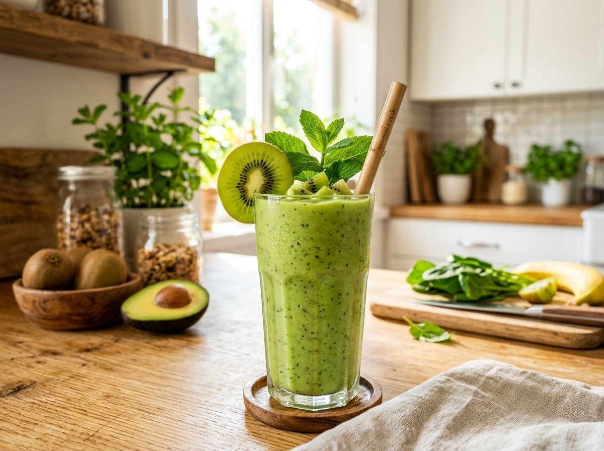 Creamy Kiwi Avocado Detox Smoothie Recipe Creamy kiwi avocado detox smoothie in a glass with kiwi slice and mint, set in a sunny kitchen.