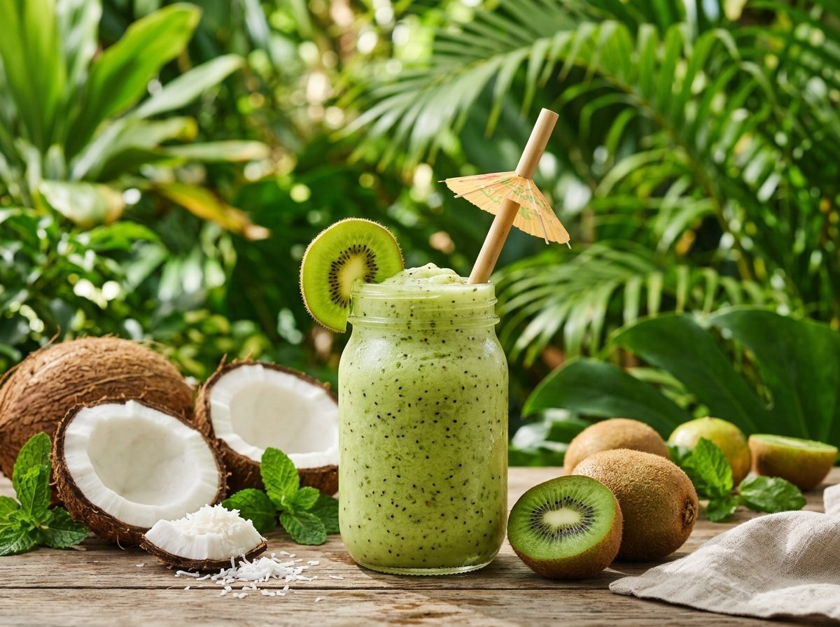 A refreshing kiwi coconut smoothie in a glass with a slice of kiwi, on a table surrounded by fresh kiwis and coconuts.