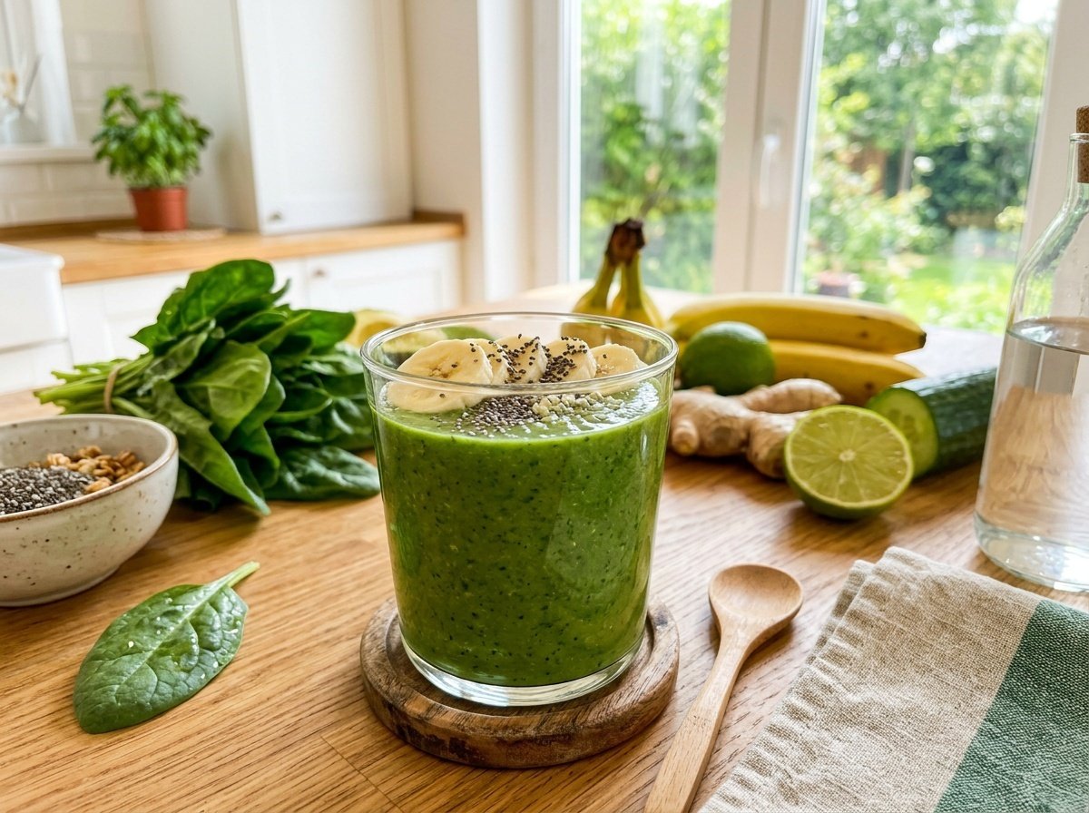 A green detox smoothie with banana and chia seeds on a sunny kitchen counter.