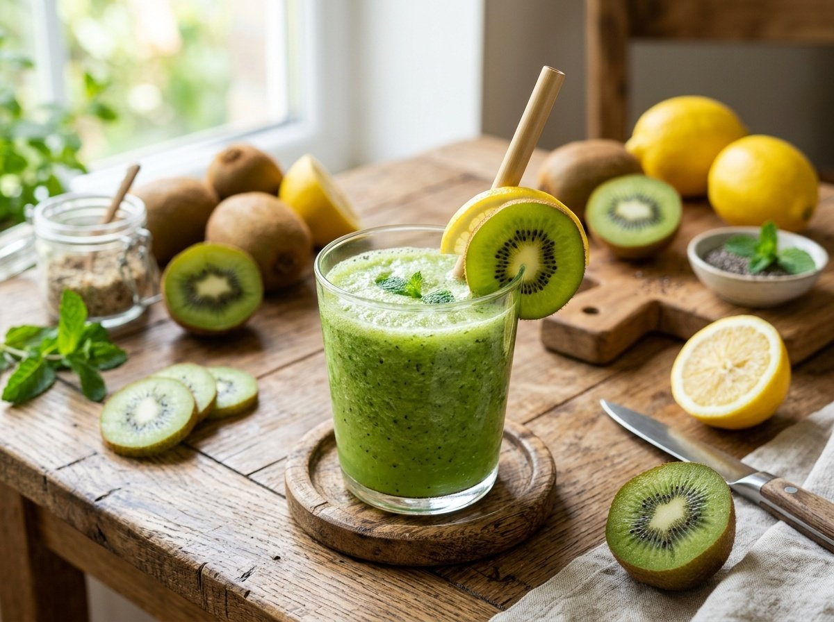 Bright Kiwi Lemon Detox Smoothie Recipe A refreshing kiwi lemon detox smoothie in a glass, garnished with kiwi and lemon slices.