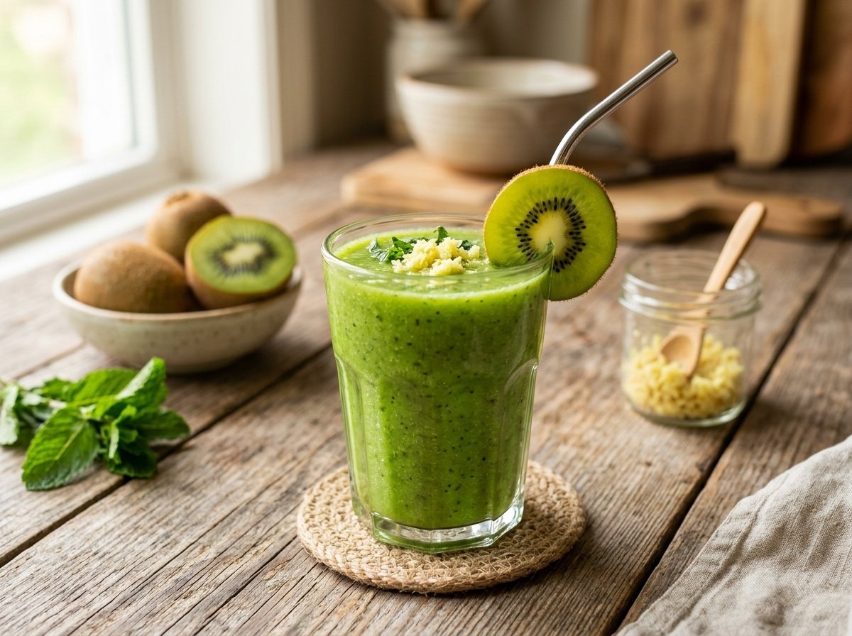 A refreshing green kiwi ginger detox smoothie in a glass, garnished with kiwi slice, on a wooden table.