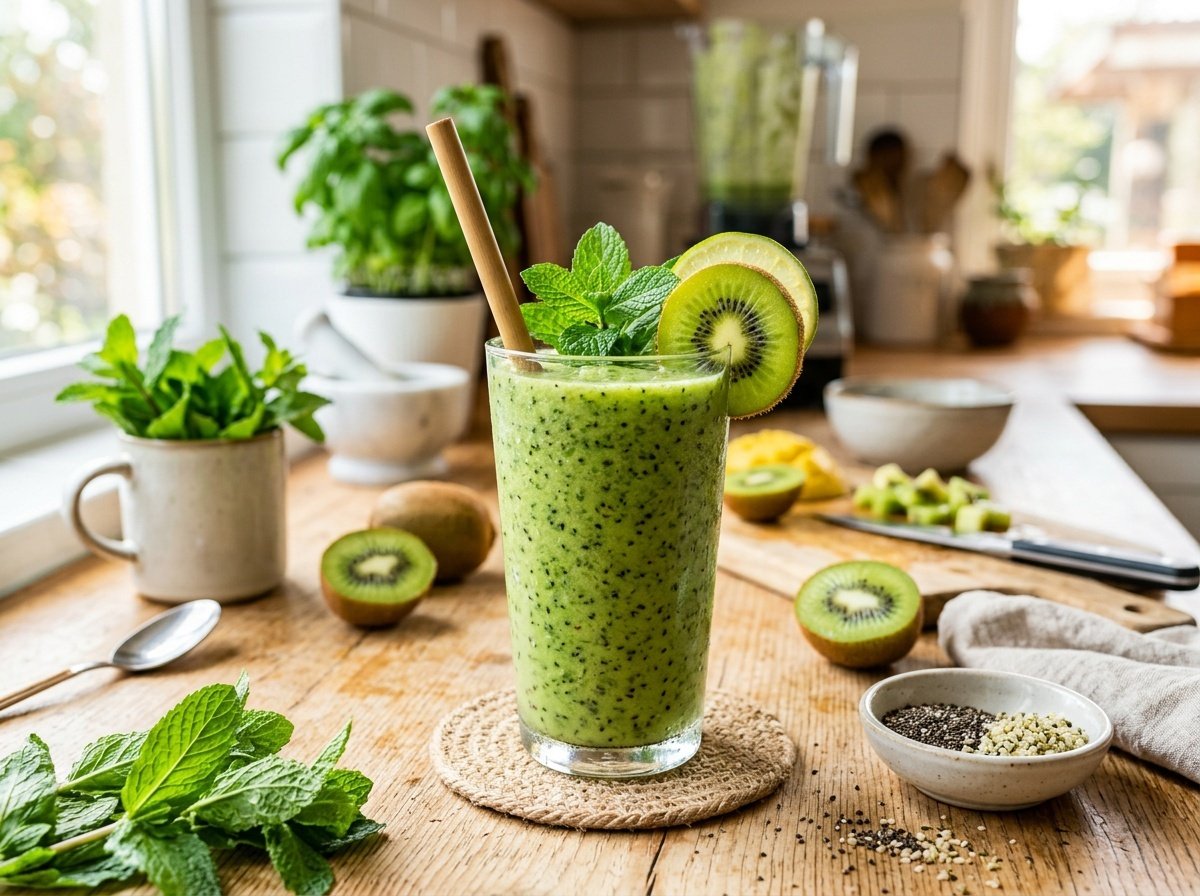 A refreshing kiwi mint detox smoothie in a glass with mint garnish, surrounded by fresh kiwis and mint leaves.