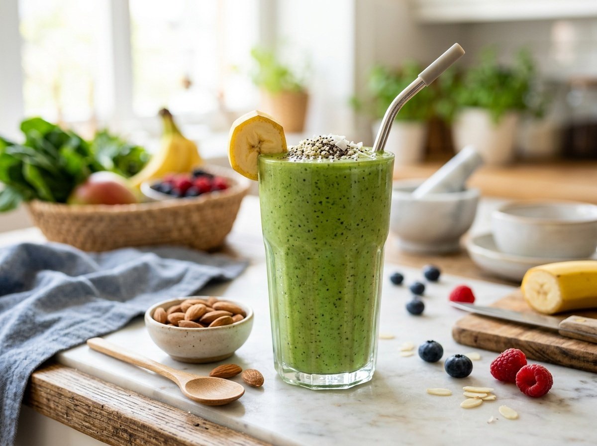 Creamy green breakfast detox smoothie topped with banana slice and chia seeds on a kitchen counter.