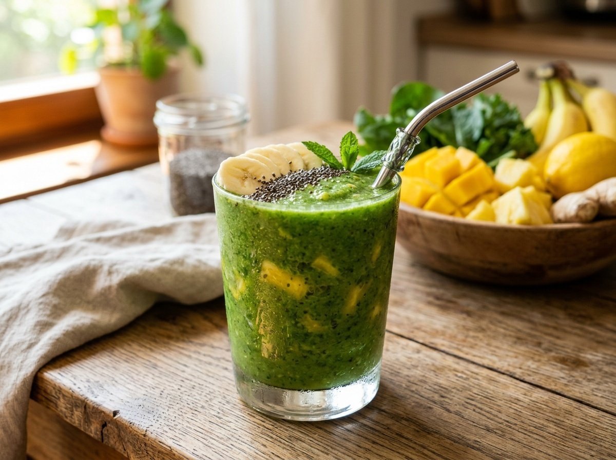 A green detox smoothie in a glass, topped with banana and chia seeds, surrounded by fresh fruits on a wooden table.
