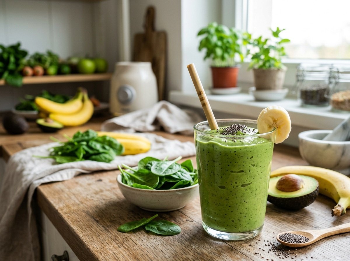 Thick and Creamy High-Fiber Detox Smoothie Recipe A thick green detox smoothie made with spinach, banana, and avocado, garnished with chia seeds.