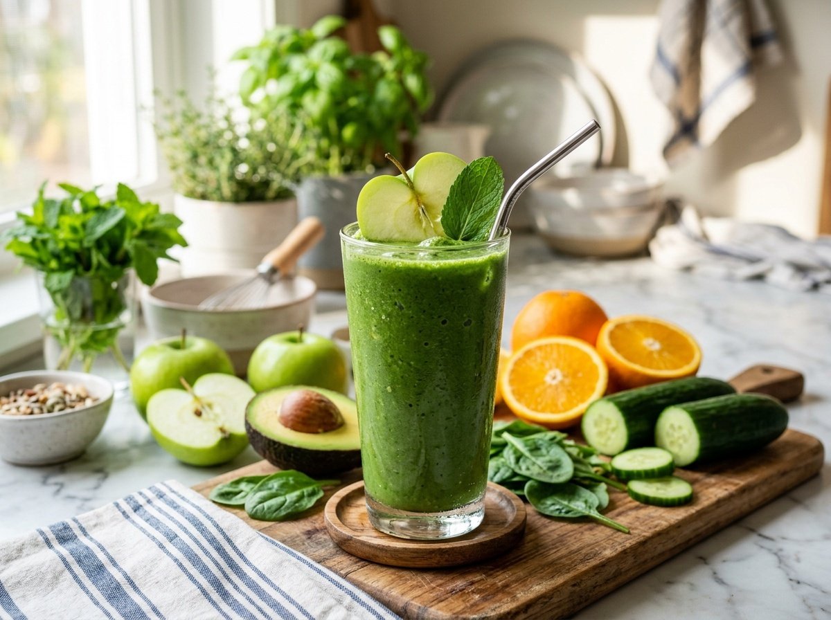 A healthy low-sugar detox smoothie with green apple, spinach, and avocado, garnished with mint, on a bright countertop.