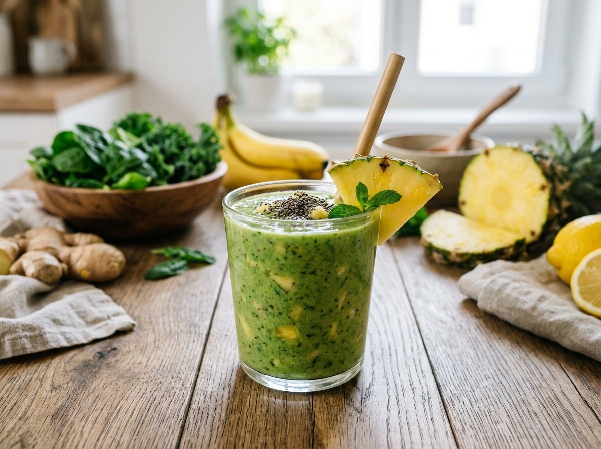 A green detox smoothie in a glass with chia seeds, garnished with pineapple, surrounded by fresh fruits and greens.