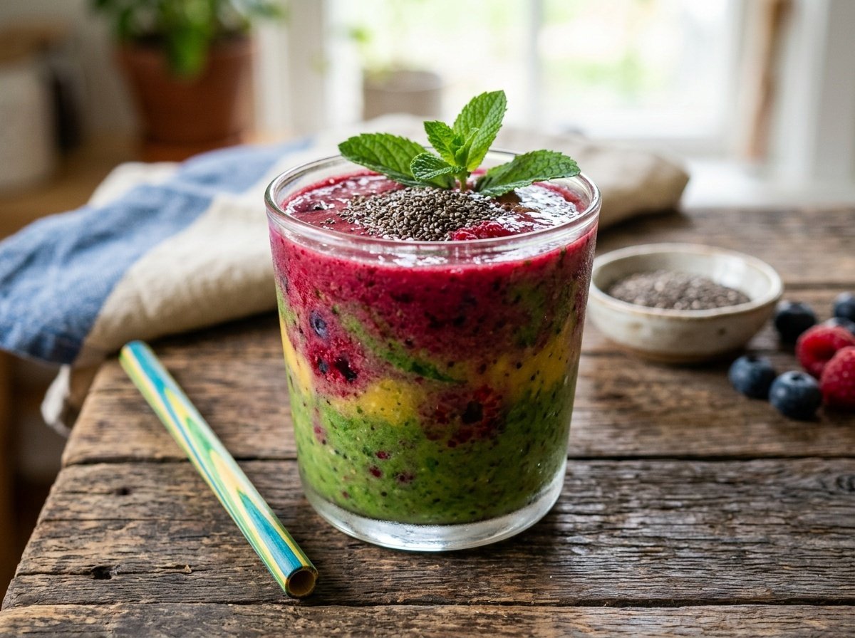 A colorful vegan detox smoothie with spinach, banana, and mixed berries, garnished with chia seeds and mint on a wooden table.
