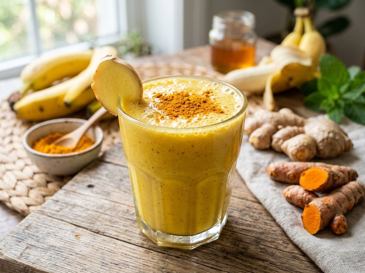Golden Anti-Inflammatory Detox Smoothie Recipe Golden anti-inflammatory detox smoothie with ginger and turmeric in a glass, surrounded by fresh ingredients.