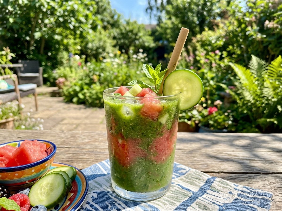 A refreshing green detox smoothie in a glass with watermelon and cucumber, garnished with cucumber slice; vibrant summer backdrop.
