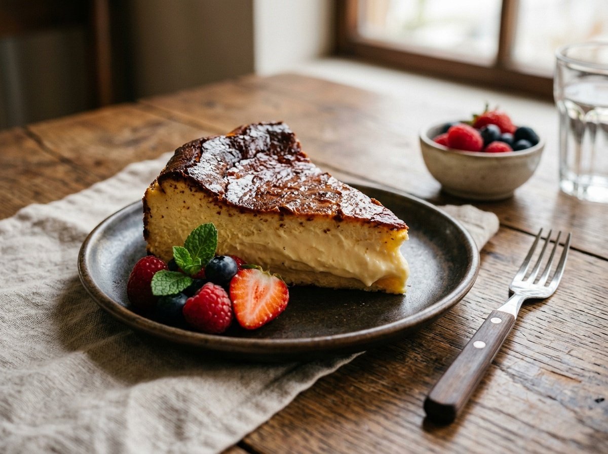 Basque Burnt Cheesecake Recipe with Caramelized Top Basque Burnt Cheesecake with a caramelized top, served with fresh berries on a wooden table.