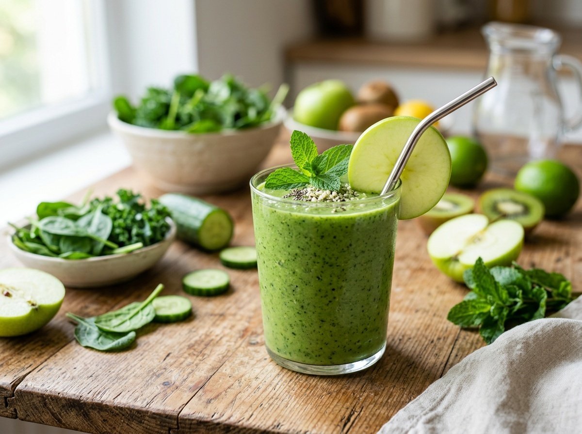 A refreshing green detox smoothie with spinach and kale garnished with a slice of green apple on a rustic table.