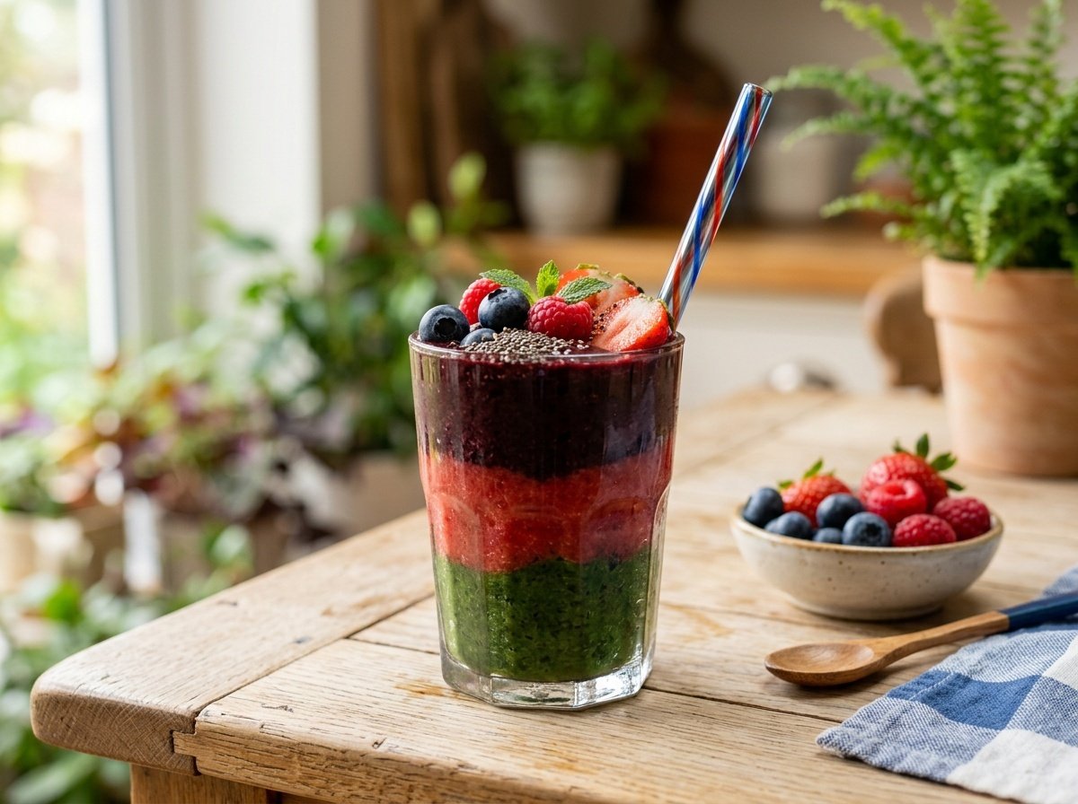 A refreshing berry detox smoothie in a glass, layered with strawberries, blueberries, and spinach, garnished with berries and chia seeds.