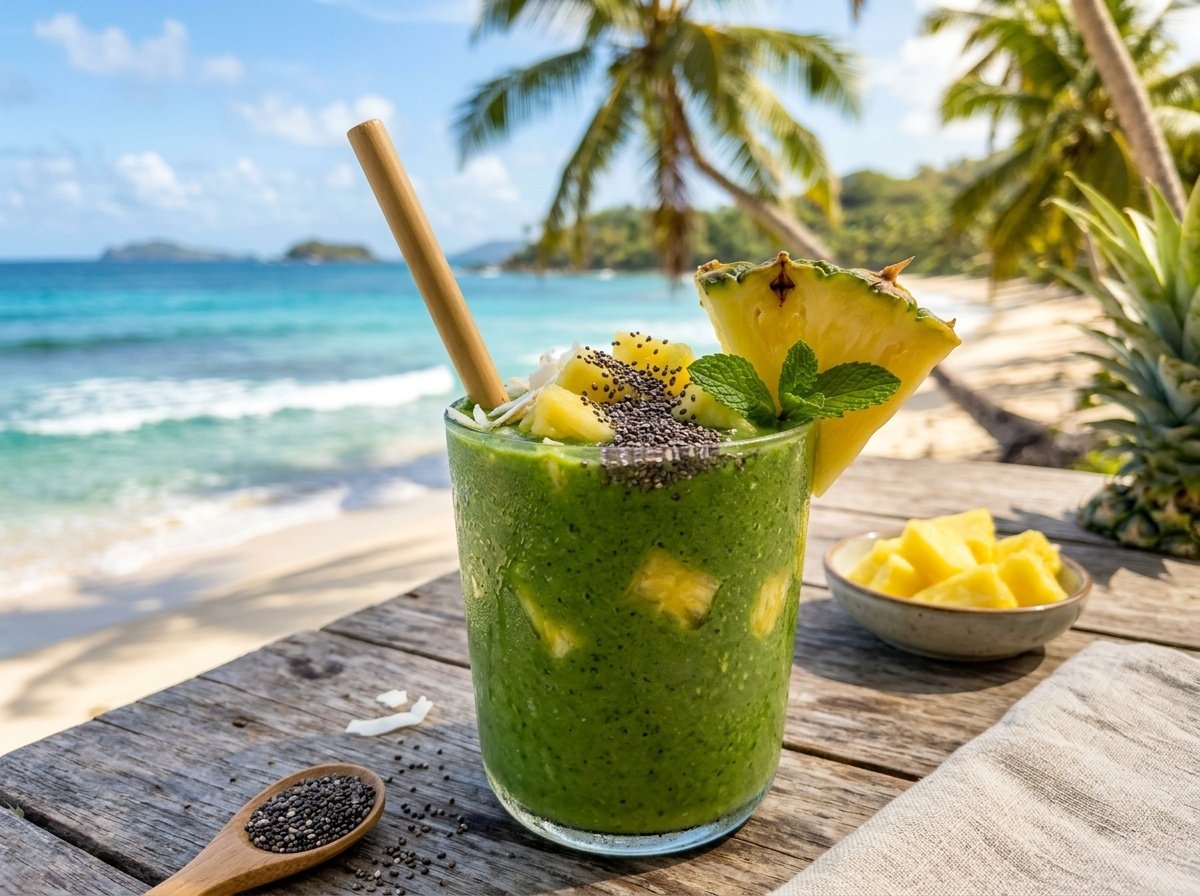 Tropical pineapple detox smoothie in a glass with a pineapple slice and chia seeds, on a sunny background.