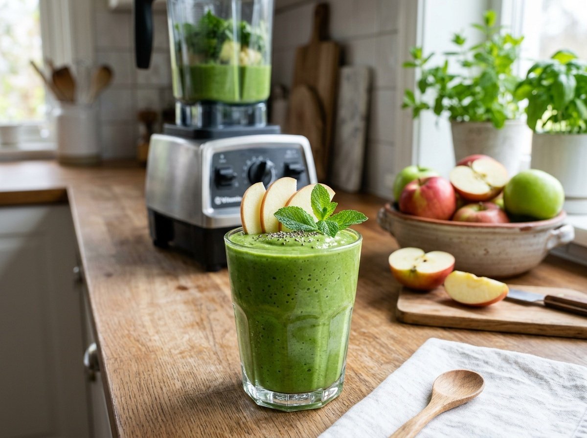 Crisp Apple Detox Smoothie Recipe A refreshing green apple detox smoothie in a glass, garnished with apple slices and mint.