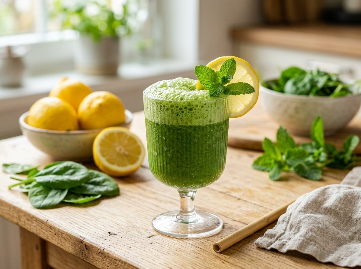 A bright green lemon detox smoothie in a glass, garnished with lemon slice and mint, with lemons and spinach in the backdrop.