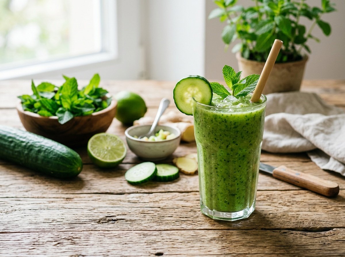 Refreshing cucumber detox smoothie in a glass, garnished with cucumber and mint leaves.