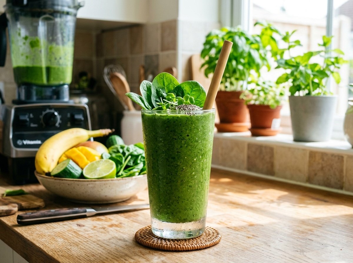 A refreshing spinach detox smoothie in a glass garnished with spinach leaves, showcasing its vibrant green color.