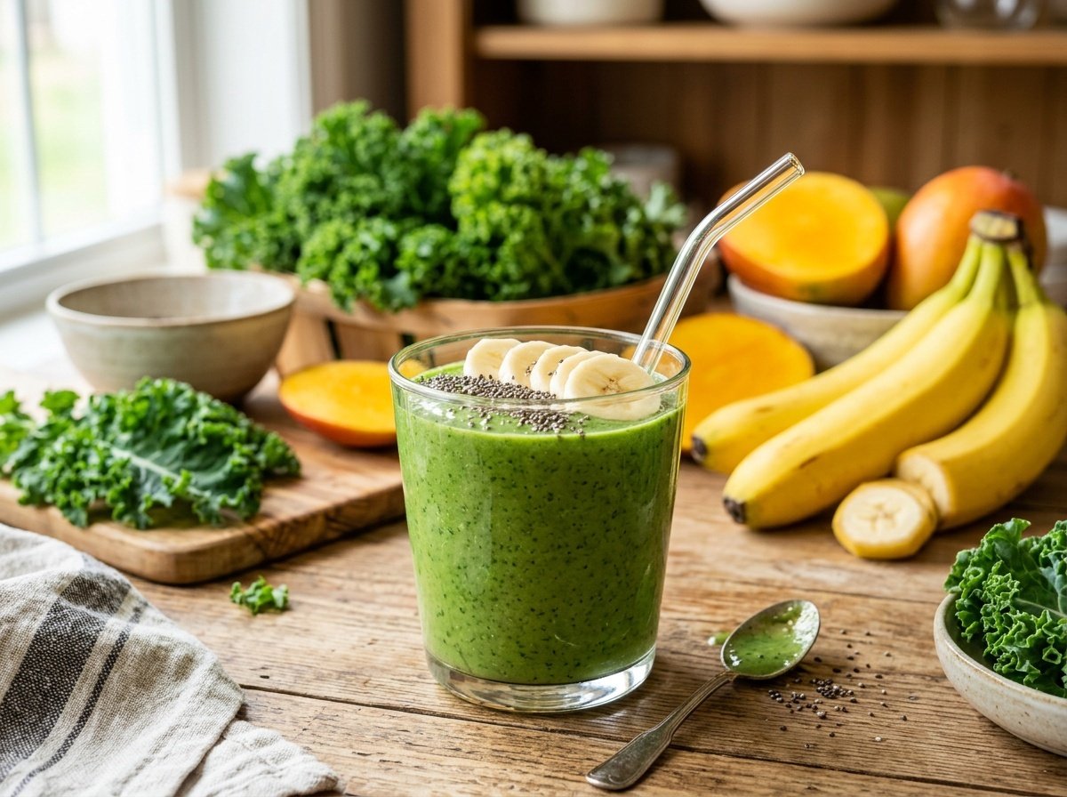 Fresh Kale Detox Smoothie with a Fruity Twist A healthy kale detox smoothie in a glass, garnished with banana and chia seeds, on a bright kitchen countertop.