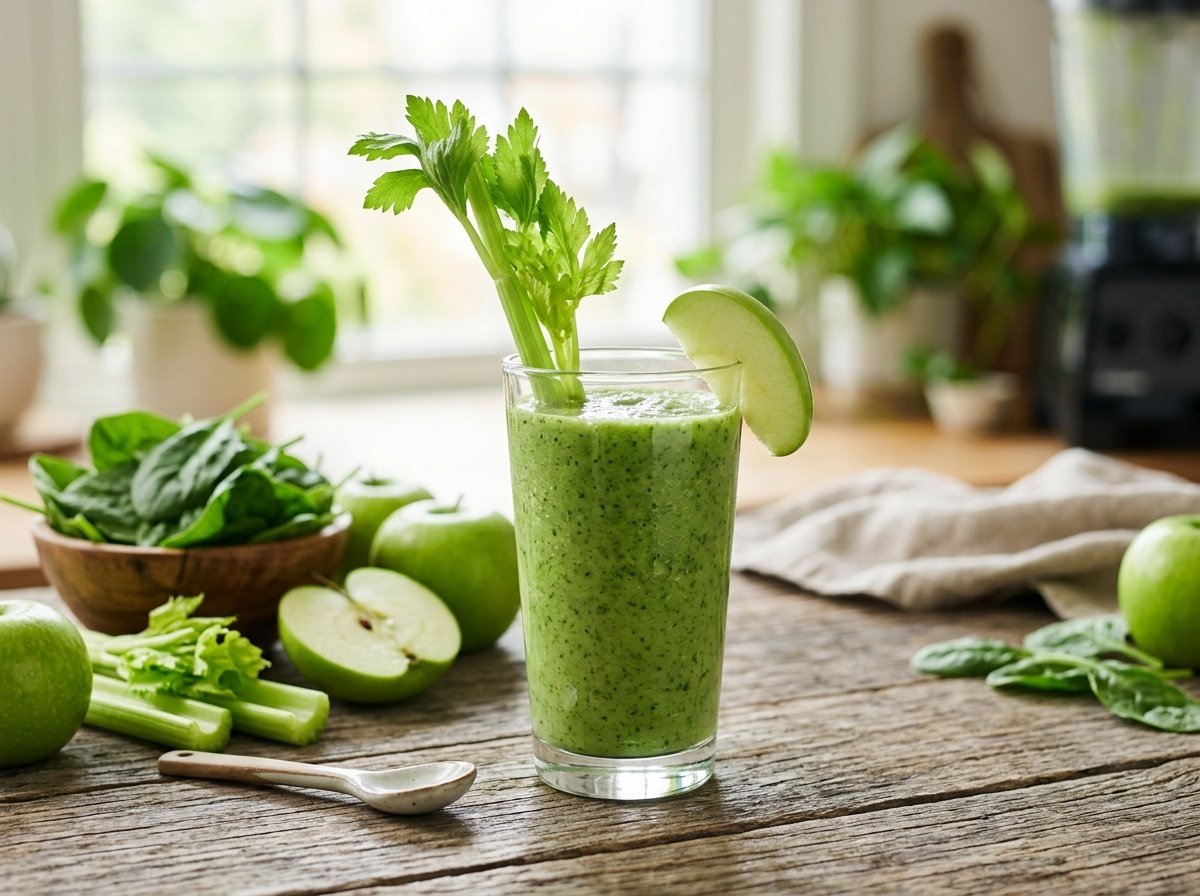 A refreshing celery detox smoothie in a glass with apple and celery garnishes on a wooden table.