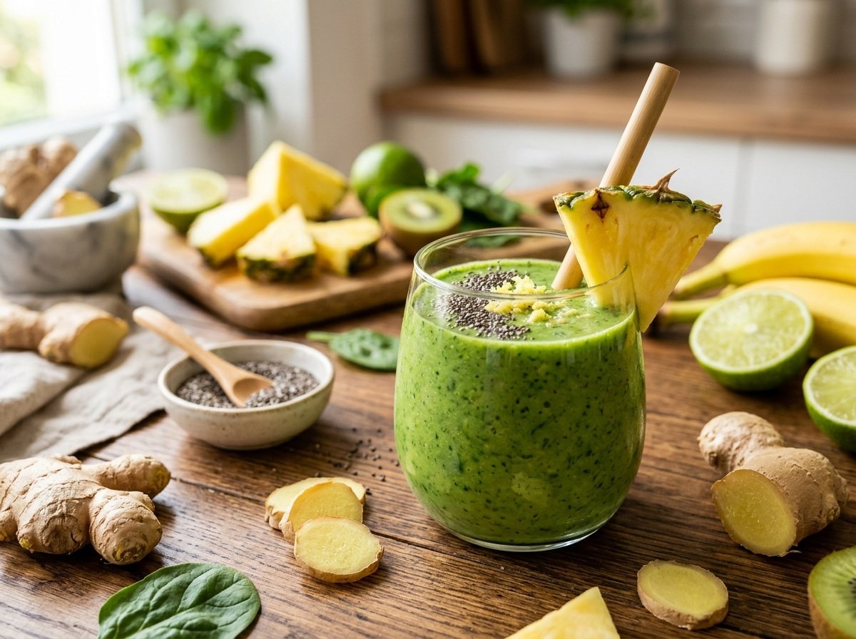 A refreshing green ginger detox smoothie in a glass with pineapple garnish, surrounded by fresh fruits and ginger.