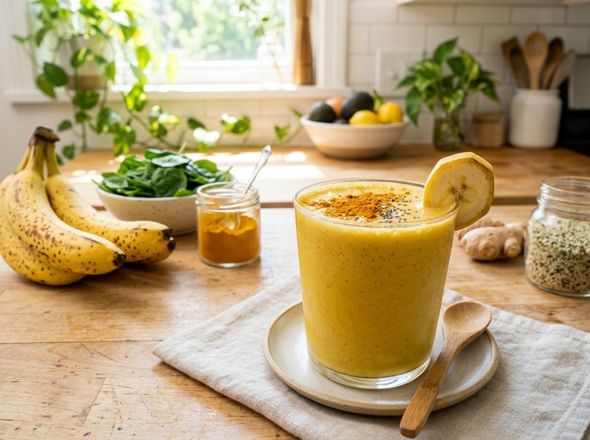 Golden turmeric smoothie in a glass, garnished with banana slice, on a bright kitchen counter.