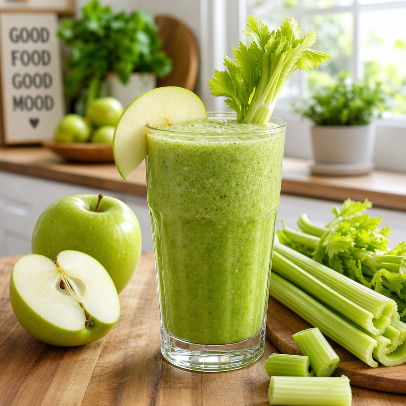 A green detox smoothie in a glass with apple and celery garnish, on a wooden table with fresh ingredients.